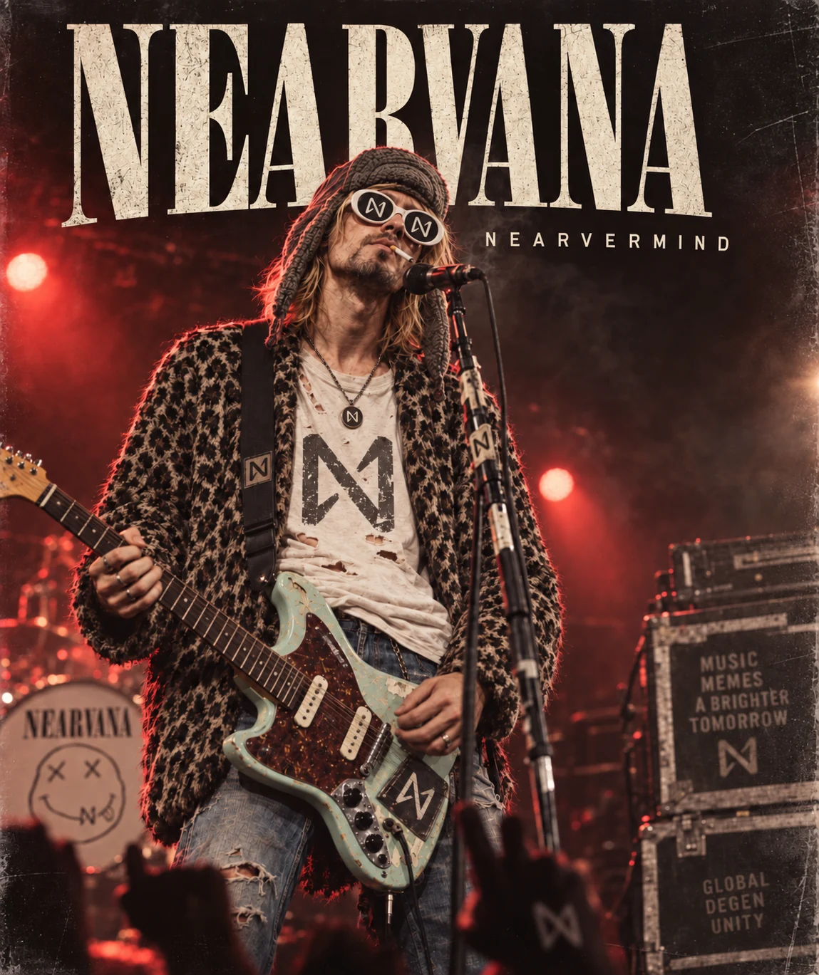 NEARVANA's fictional frontman on stage in a leopard coat, playing a battered seafoam guitar under red concert lights